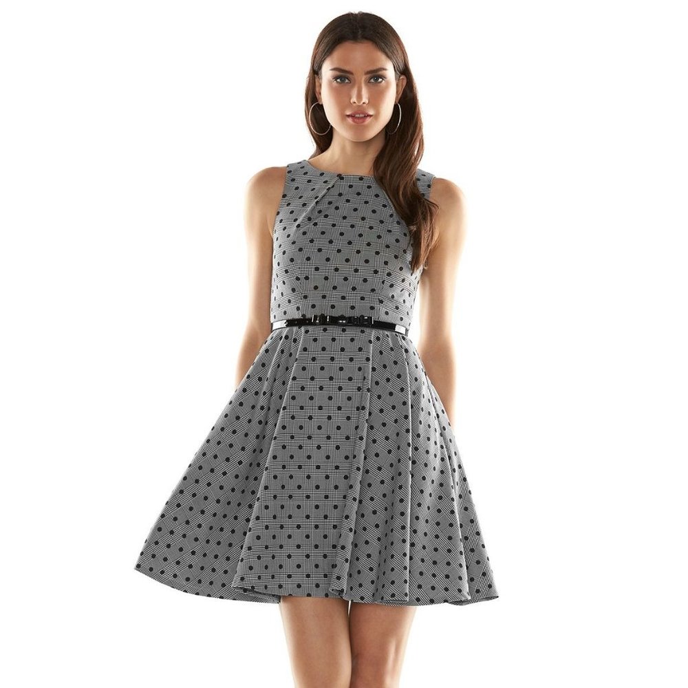 Elle Womens Fit & Flare Dress Polka Dots Boat Neck Back Zip Gray Black Size 4